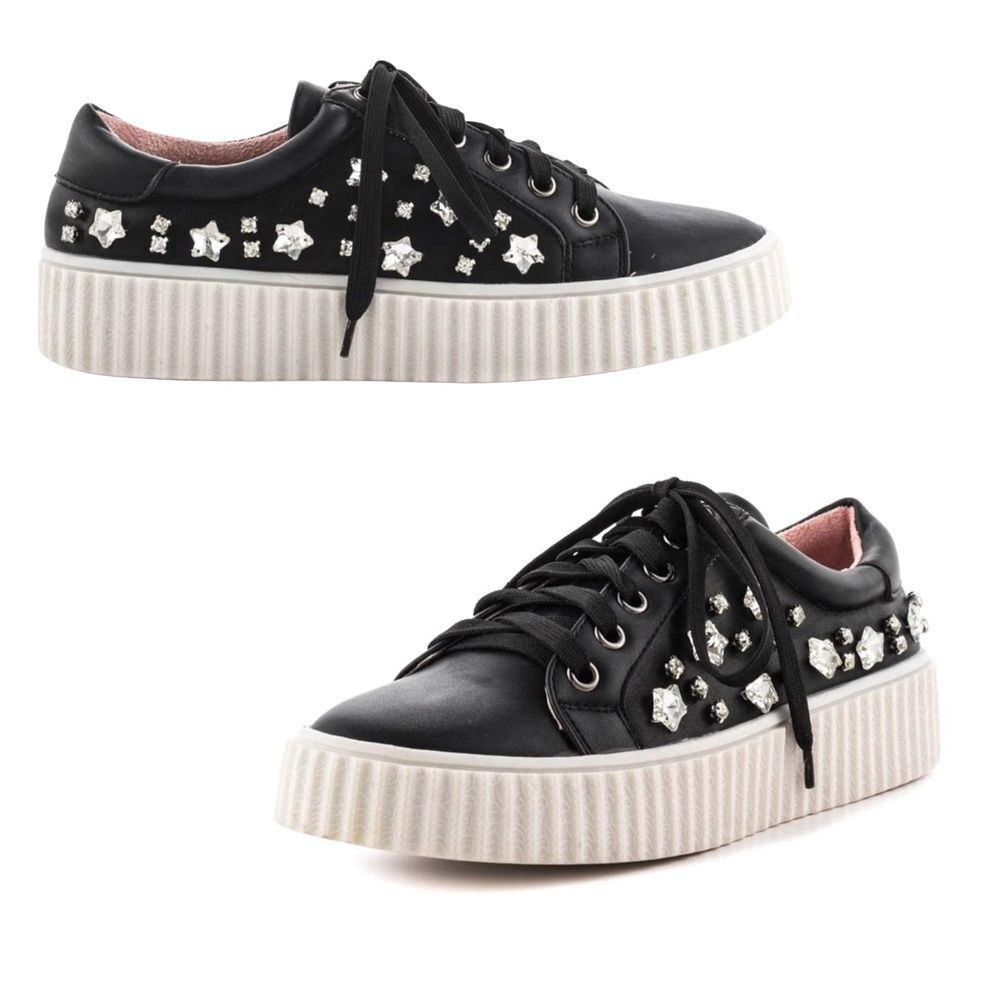 Lauren Lorraine Pam Black Embellished Platform Lace Up Rhinestone Sneakers